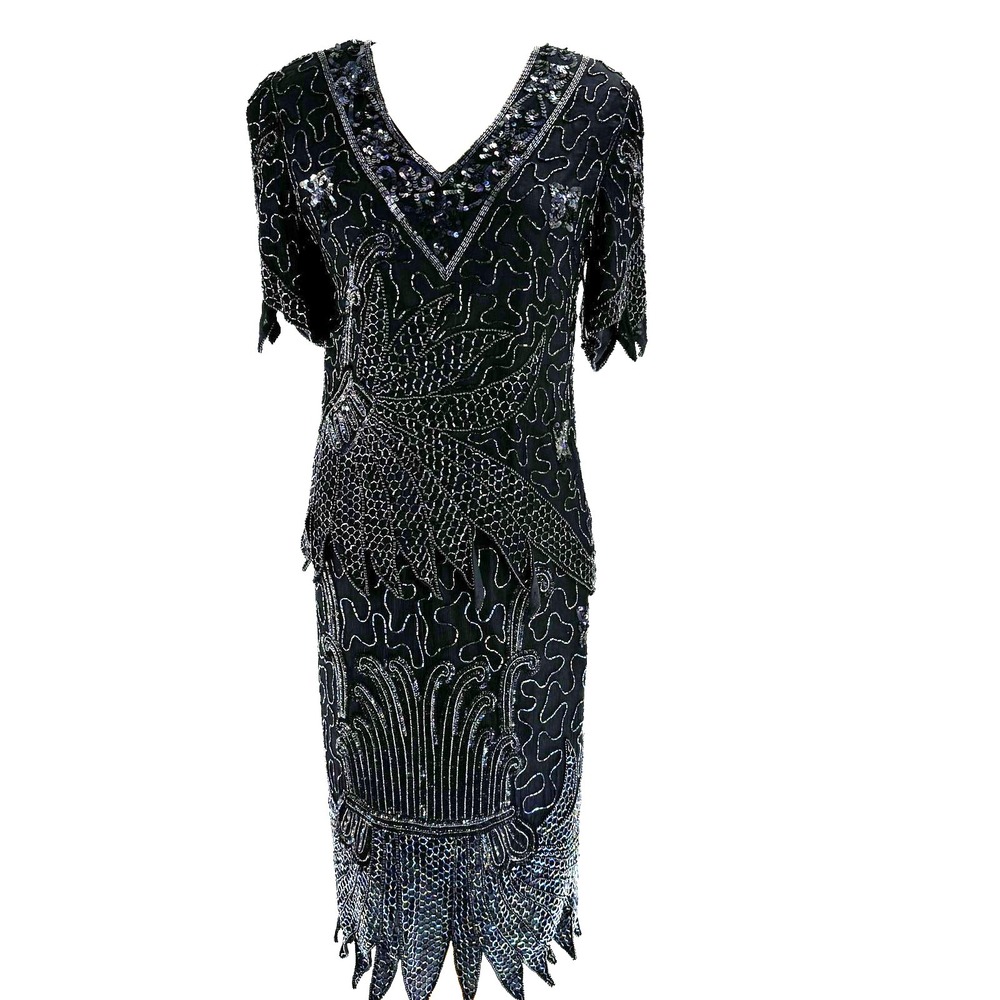 Mark & John By Gopal 100% Silk Sequin Skirt Blouse‎ Set Women's M Black Vintage